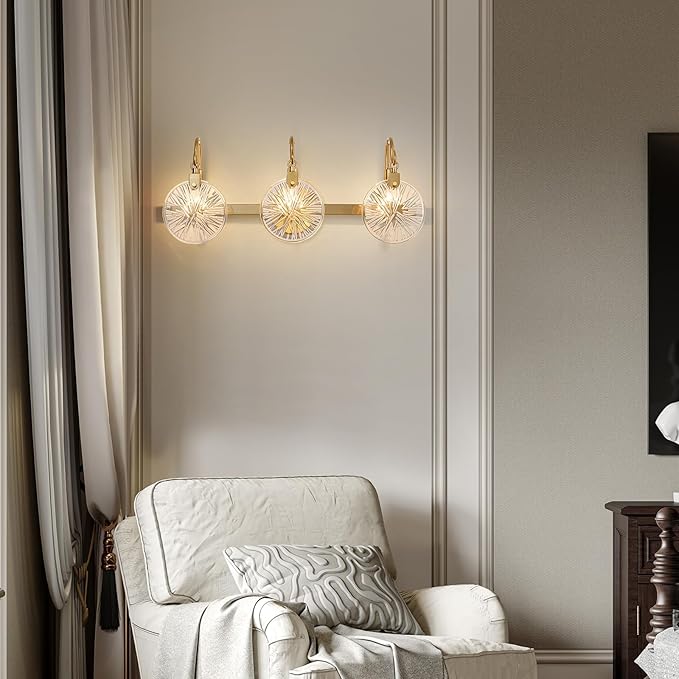 WUZUPS 3-Light Bathroom Light Fixture Over Mirror Morden Vanity Wall Sconces Clear Glass Shade for Bedroom Living Room, E12 Base, Brass Gold