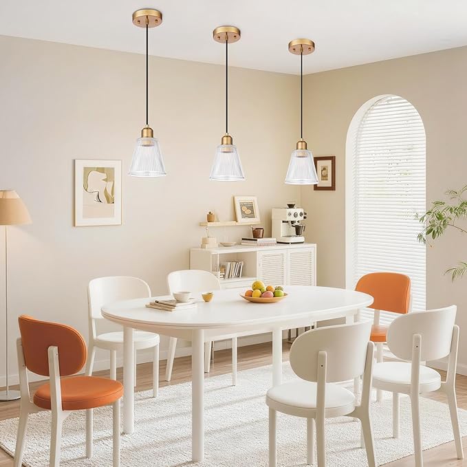 Pendant Lights Kitchen Island, Gold Pendant Light Fixtures with 5.8mm Thick Glass Shade and Adjustable Cord, Modern Pendant Lighting for Bathroom, Dining Room, Bedroom, 3 Pack
