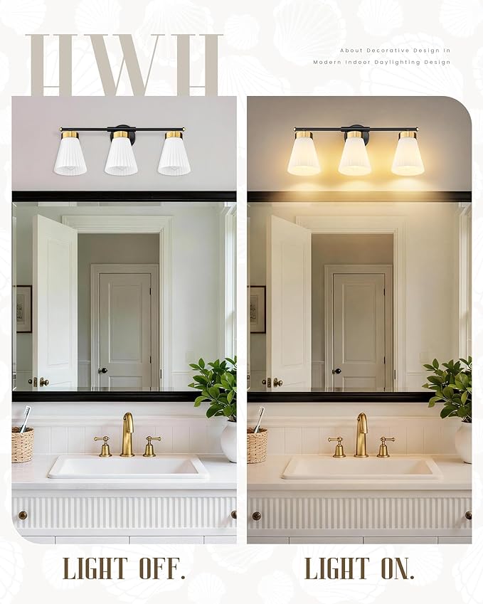 Bathroom Vanity Light, HWH 3-Light Wall Light Fixture for Bathroom Bedroom, Black and Gold Vanity Lights with Frosted Milk White Striped Glass, 5HZG97B-3W BK+BG