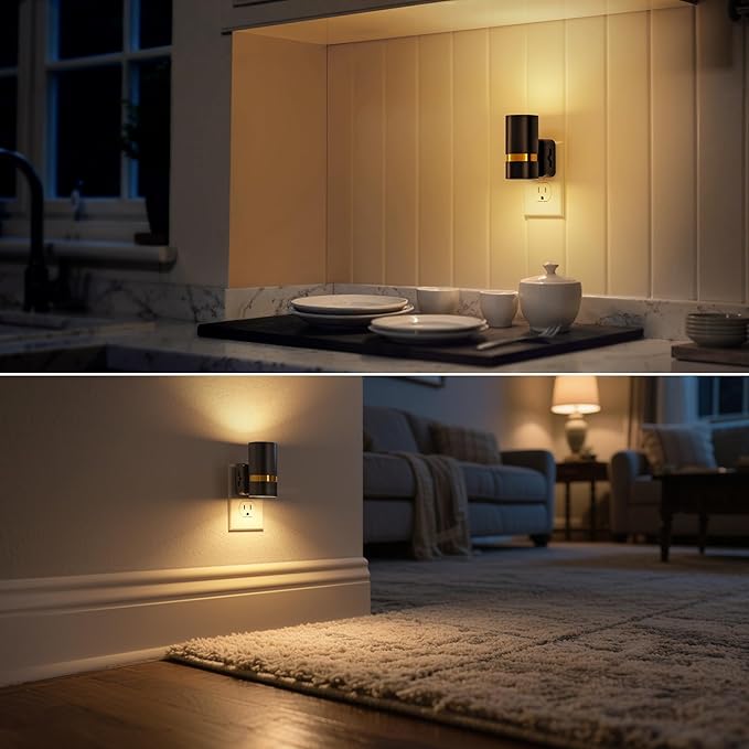 DORESshop LED Night Lights Plug into Wall, 2 Pack, Black Cylinder Wall Sconce Dimmable Night Light Plug in, Slide Brightness Adjustable with Dusk to Dawn Sensor, 3000K Warm White for Bedroom, Hallway