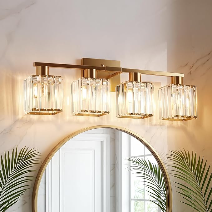 Crystal Bathroom Light Fixtures, 4-Light Brushed Gold, Vanity Lights for Bathroom Over Mirror, Modern Bath Wall Sconce for Mirror Bedroom Living Room