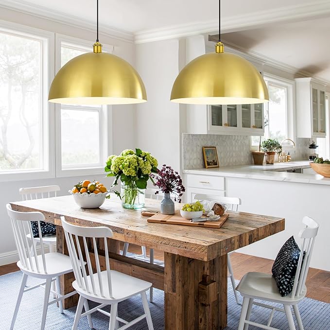 Gold Pendant Light, 16" Farmhouse Ceiling Light with Gold and White, Elegant Semi-Circular Shade Design, Adjustable Height Industrial Dome Pendant Lights for Kitchen Island, Dining Room