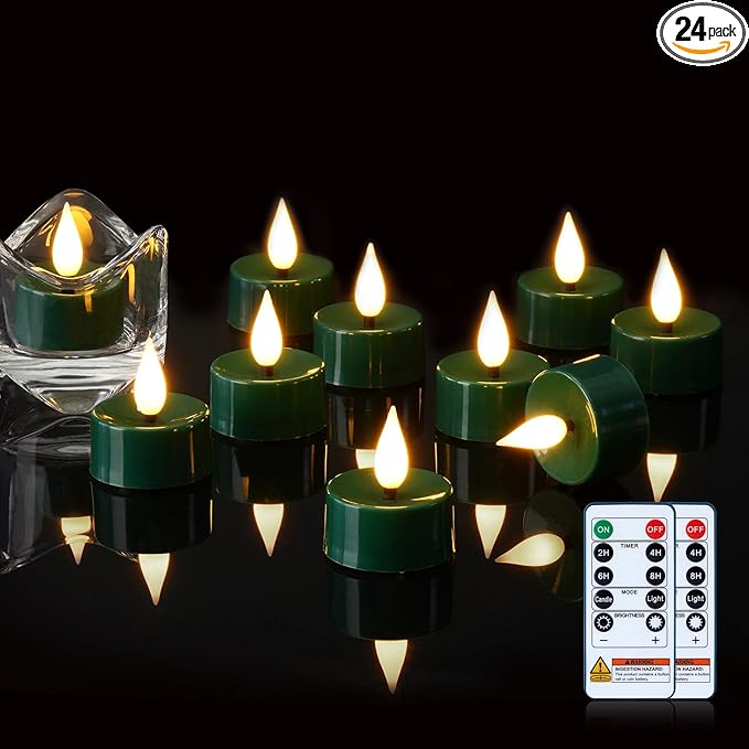 Amagic Flameless Green Timer Remote Tealights Candles, 3D Black Wick Flickering Tea Light, 300+Hour Colored Votive Candles Battery Operated, Set of 24 for Christmas, Theme Party, Holiday, Home Decor