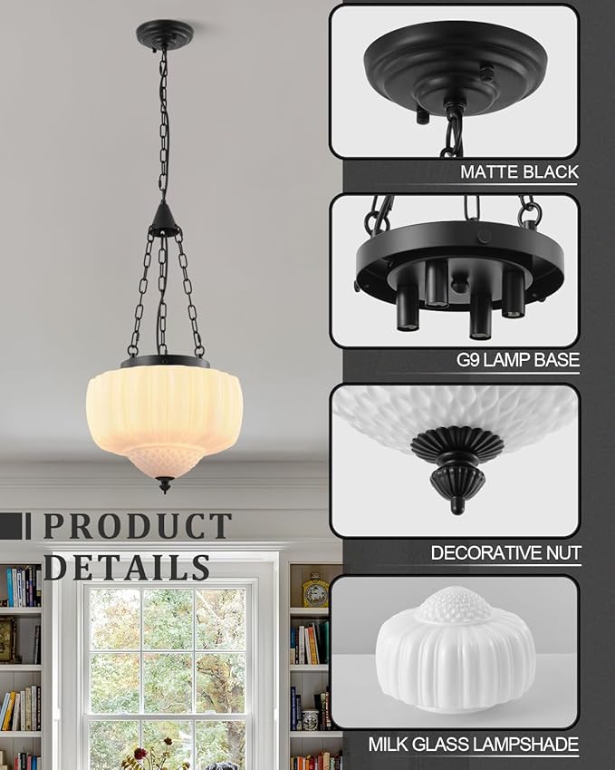 14 Inch Schoolhouse Pendant Light,Milk White Glass with Black Chain,Mid Century Modern Hanging Pendant Light,Vintage Light Fixture for Bedroom,Dining Room,Island,Hallway