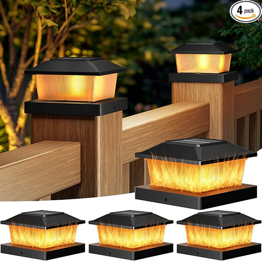 btfarm 4x4 Solar Flame Post Cap Lights Outdoor, 4 Pack Flickering Flame Fence Deck Post Lights, Waterproof Solar Powered Lighting Outside Fit 4x4 3.5x3.5 Wooden/Vinyl for Porch Patio Garden, Black Cap