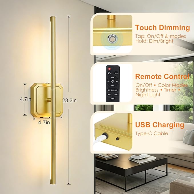 Battery Operated Wall Sconces Set of 2, Rechargeable Wall Sconces with Remote Control, LED Gold Wall Lights, 3000K-6000K Dimmable 360° Rotatable for Living Room, Bedroom, Hallway, 28''
