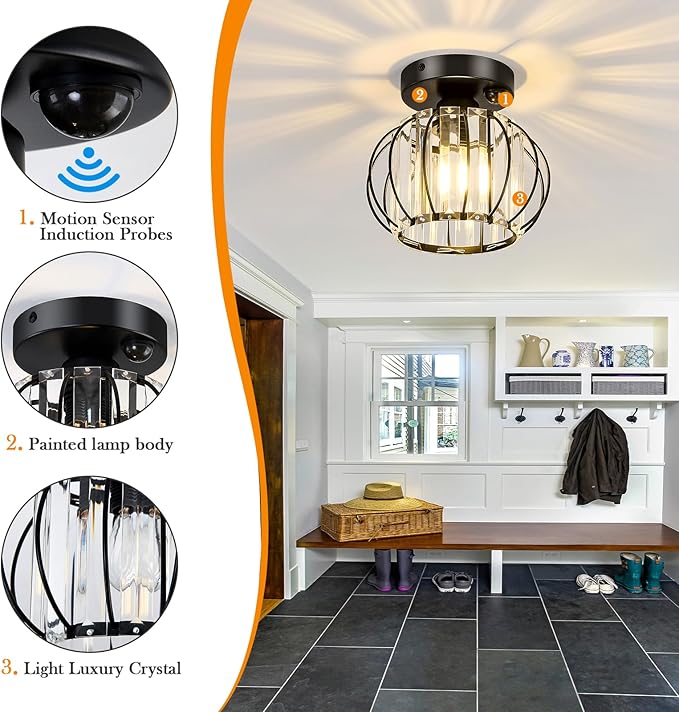 YYJLX Indoor Motion Sensor Ceiling Light Fixture Modern Cryatal Semi Flush Mount Ceiling Light Black Ovrehead Light Fixture for Porch Hallway Front Entryway Kitchen Hall Garage.