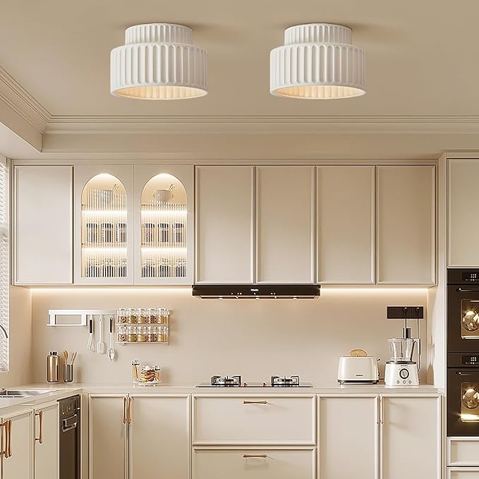 Mid Century Cream Semi Flush Mount Ceiling Light Nordic Style Round 9.1" D x 9.1" W x 6.3" H E26 Base LED Ceiling Lamp for Bedroom, Living Room, Kitchen, Hallway