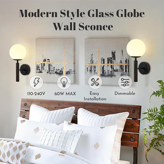 KCO Lighting Black Mid Century Modern Wall Sconce Vintage White Milk Glass Wall Sconce Globe Wall Light Bathroom Wall Light Fixture Bedroom Wall Lighting