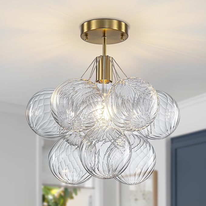 Semi Flush Mount Chandelier Gold-Special Bubble Flush Mount Ceiling Light 14.17" Modern Mid Century Ceiling Light Fixtures With 9 Clear Swirled Glass Ball for Bedroom Foyer kitchen, Include E26 Blub