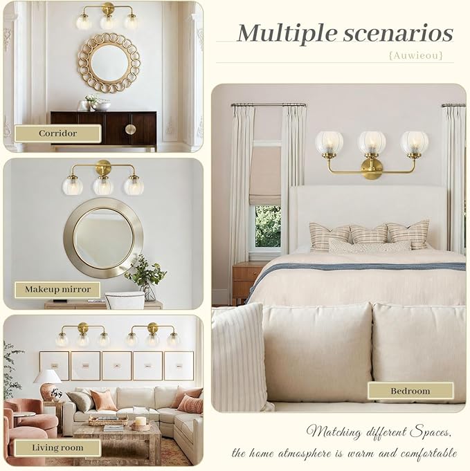 Vintage Wall sconces Bathroom Vanity Lights Over Mirror 3 Light Gold Wall sconce with clear Glass Shade mid Century modern Wall Sconce Glass globe wall lamp Wall Lighting for Bedroom Doorway Hallway