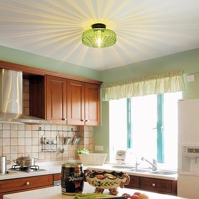 Glass Semi Flush Ceiling Lights - 12 in Vintage Mid Century Modern Lighting Fixture - Green Drum Unique Art Deco Mount Light Fixtures for Hallway Entry Way Hall Kitchen Dining Laundry Room Foyer Porch