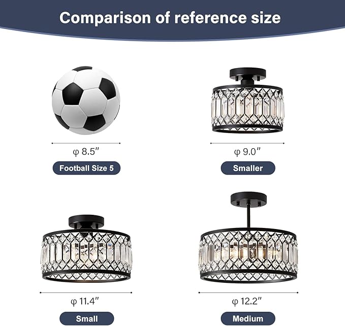 Crystal Black Ceiling Light, Modern Semi Flush Mount Ceiling Lighting Fixture, Round Hallway Lighting Fixtures Chandelier for Kitchen Entryway Bedroom Dining Room, 3-Light, 12.2 Inch