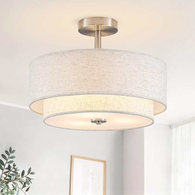 BUXVRCS Semi Flush Mount Ceiling Light Fixture, 3-Light Double Drum Lighting Fixtures with Fabric Shade, 16" Modern Light Fixtures Ceiling Mount Close to Ceiling Light for Bedroom (Brushed Nickel)
