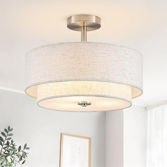 BUXVRCS Semi Flush Mount Ceiling Light Fixture, 3-Light Double Drum Lighting Fixtures with Fabric Shade, 16" Modern Light Fixtures Ceiling Mount Close to Ceiling Light for Bedroom (Brushed Nickel)