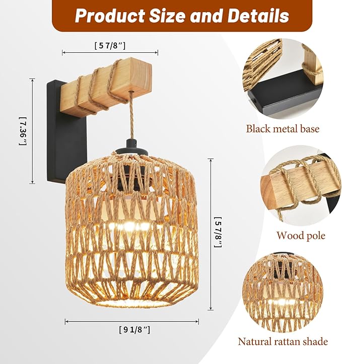 Boho Battery Operated Wall Sconce Set of Two, Rattan Rechargeable Wall Sconces with Remote,Wireless Sconces Set of 2 for Bedroom,Living Room,Entryway 15 Colors Dimmable-Black