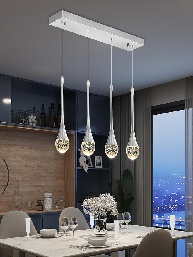 ykolupty Dining Room Light Fixture 4-Light Silver Kitchen Island Lighting Industrial Linear Crystal Chandeliers for Dining Room Pendant Light Fixture for Living Room Hallway Bedroom