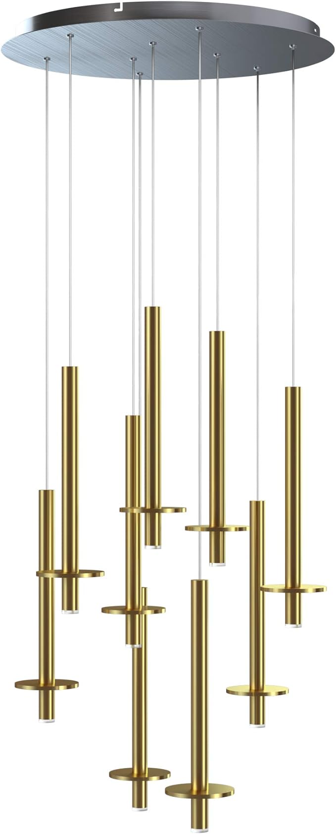 Draco 9 Pendant Lighting Brass – LED Hanging Light Fixture for Kitchen Island, Bar, Foyer – Equilateral Cluster of Mini Metal Rod Pipe Tube Cylinders – Dimmable, Adjustable Wire, Lamp Bulb Included