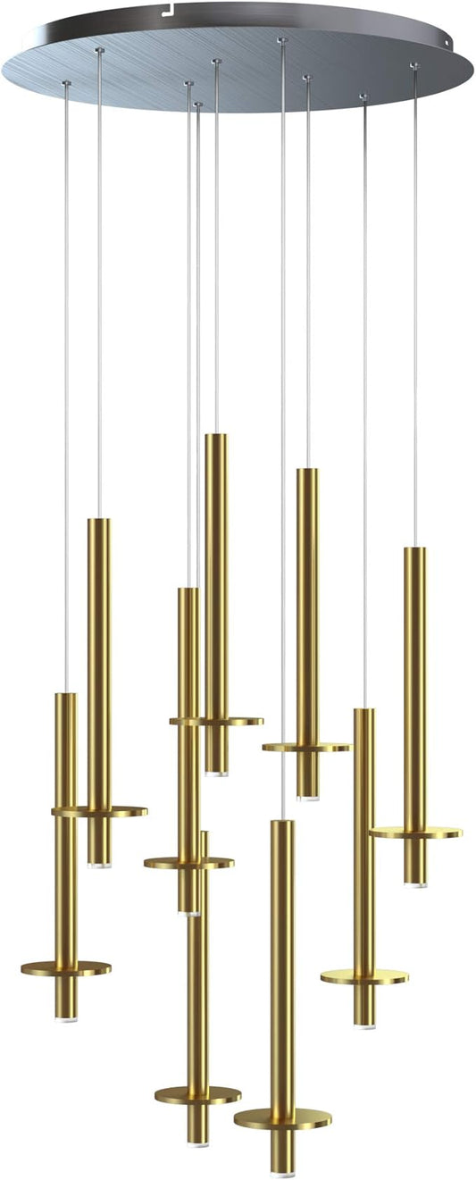 Draco 9 Pendant Lighting Brass – LED Hanging Light Fixture for Kitchen Island, Bar, Foyer – Equilateral Cluster of Mini Metal Rod Pipe Tube Cylinders – Dimmable, Adjustable Wire, Lamp Bulb Included