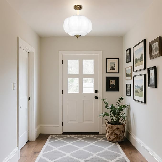 15in White Milk Glass Ceiling Light, LED Bulb Included, Vintage Schoolhouse Semi Flush Mount Pendant Light Art Deco Chandelier for Kitchen Dining Room Hallway Bedroom, Antique Gold & White