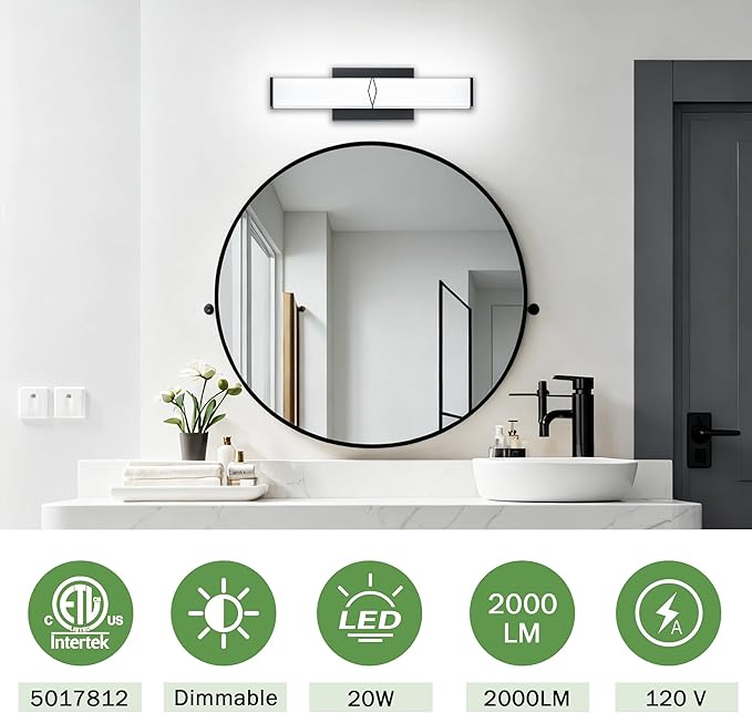 16 Inch Bathroom Vanity Light 2000LM, 5700K Daylight White Modern Bathroom Light Dimmable, AC 120V 20W Matte Black LED Vanity Lighting Fixtures Wall Sconce ETL Certified, 1Pack