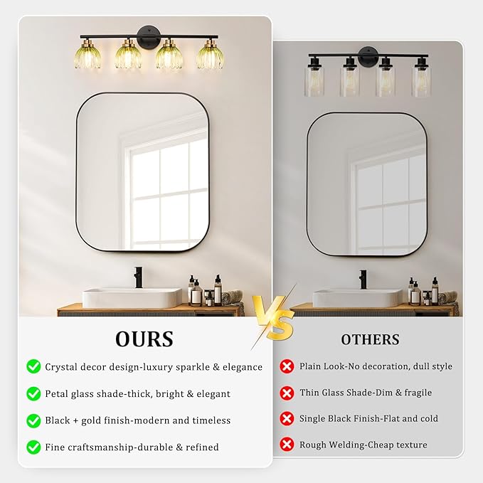 TALOYA Bathroom Vanity Light Fixtures, 4-Light Modern Black and Gold Wall Lights for Mirror, Green Tulip Glass Shades Over Sink Lighting for Bedroom, Living Room, and Hallway,Farmhouse