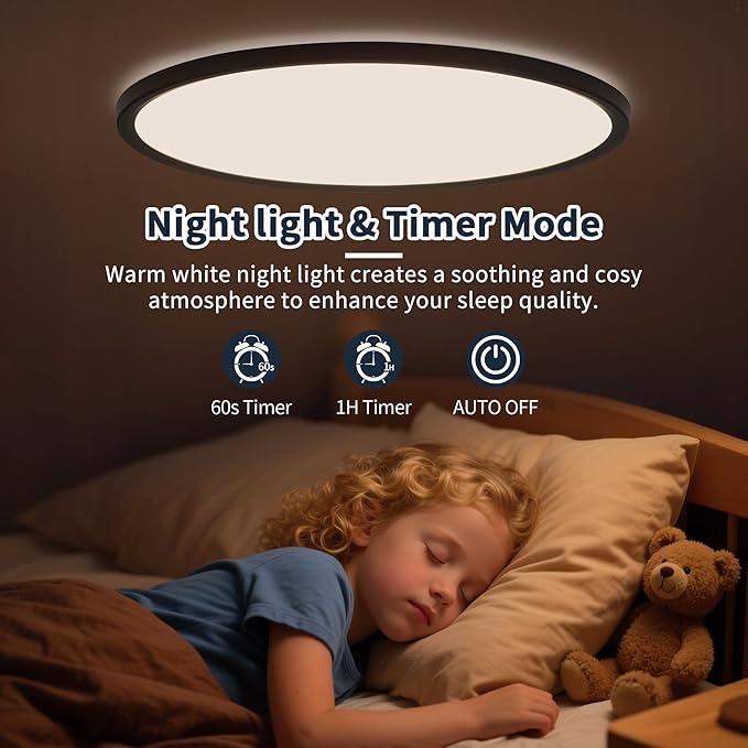 MOONSEA 20 Inch LED Flush Mount Ceiling Light 45W, Large Ceiling Light with Remote Control, Round Dimmable 3000K-6500K Adjustable, Modern Slim Flat Panel Lights for Kitchen Bedroom, Black
