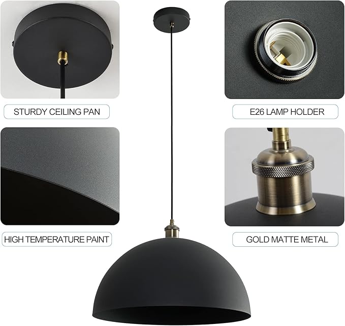 Vintage Black Pendant Light 17.72'' Retro Farmhouse Large Dome Pendant Lamp Modern Industrial Chandelier for Wire length 78.74 '' for Kitchen Island, Bedroom, Dining Room, Living Room, Hallway