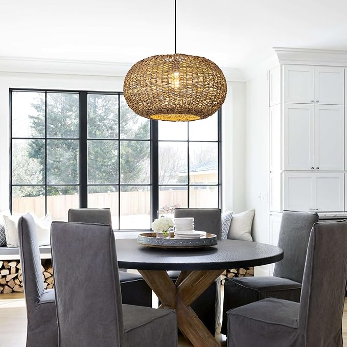 19.7in Rattan Light Coastal Pendant Lights Brown Wicker Hanging Ceiling Chandelier Lighting Fixture for Dining Room Restaurant Kitchen Island Living Room Hallway Yard Bedroom 1-Light