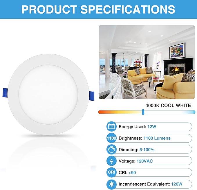 ECOELER 12 Pack 6 Inch Slim LED Recessed Lighting with Junction Box, 12W 1100Lm, 4000K Cool White, Dimmable LED Ceiling Downlights, High Brightness Wafer Lights, ETL & FCC