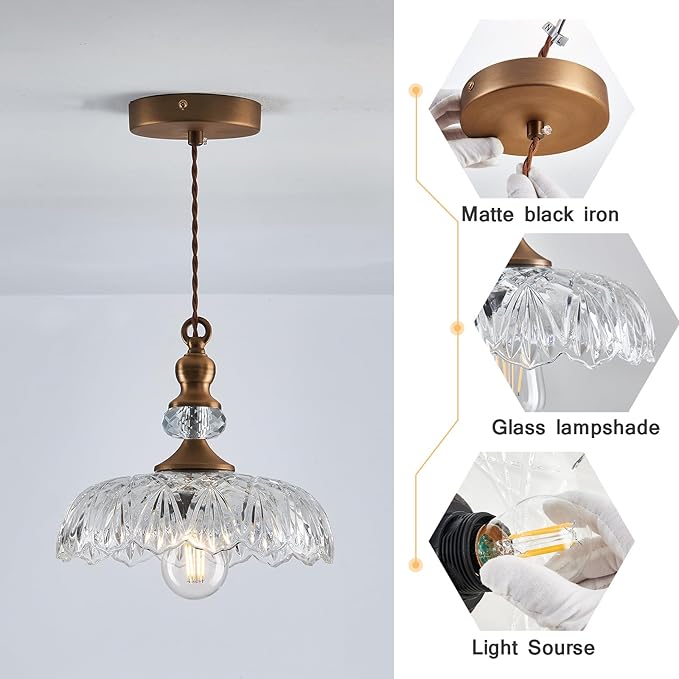 CVKASH Vintage Glass Pendant Light Fixture 2-Pack Brass Modern Adjustable Chandelier Farmhouse Hanging Ceiling Light for Hallway Porch Kitchen Bedroom Coffee Shop Dining Room