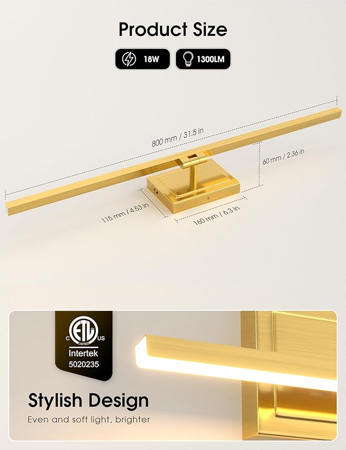 VOLISUN Bathroom Vanity Light 31.5 inch, 18W Dimmable 5CCT Led Bathroom Light Fixture Over Mirror, Gold Bar Vanity Light for Bathrooms-ETL Certificated