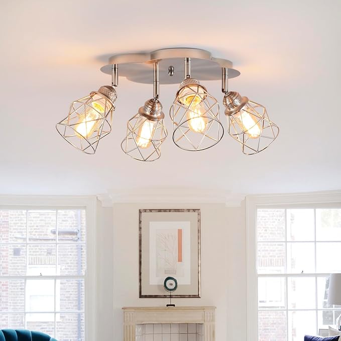 Kitchen Light Fixtures Ceiling Mount, Adjustable Semi Flush Mount Ceiling Light, Multi-Directional Lamp for Kitchen, Hallway, Dining Room, Farmhouse with E26 Base (Brushed Nickel 4-Light)