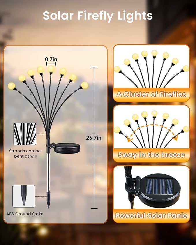 OZS 8 Pack Total 64 LED Solar Firefly Lights Fairy Outdoor - Solar Garden Lights Outdoor, Sway by Wind, Waterproof for Garden Patio Pathway Fairy Decor (Warm White)