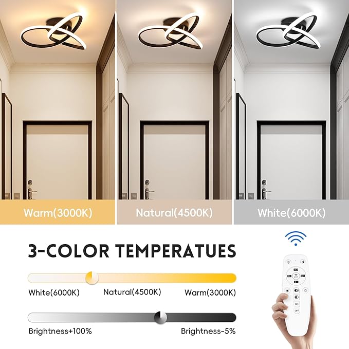 CANEOE Modern LED Ceiling Light Fixture,42W Dimmable Flush Mount Ceiling Light with Remote Black Close to Ceiling Light,3-Color Ceiling Lamp for Bedroom Living Room Kitchen Dining Room Office