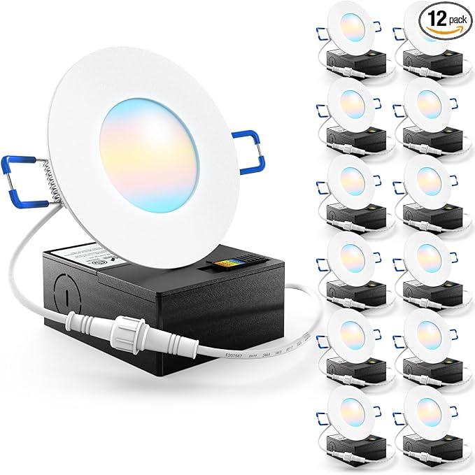 Sunco 12 Pack 3 Inch LED Recessed Lights, Ultra Thin Ceiling Lighting, 500 LM, 8W (50W Equivalent), Selectable C2700K/3000K/4000K/5000K/6000K, Dimmable, Wafer Thin, Canless with Junction Box
