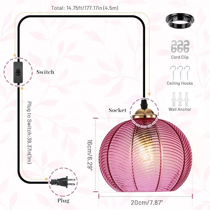 Purple Glass Plug in Pendant Light for Living Room, Black Vintage Hanging Ceiling Light Mid Century Hanging Lamp for Kitchen Bedroom Dining Room, Boho Light Fixtures