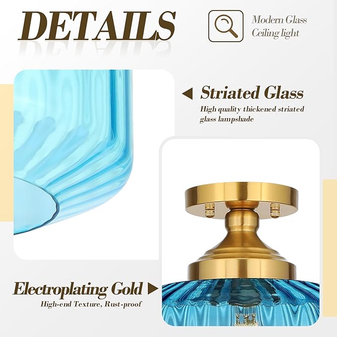 11.8in Semi Flush Mount Ceiling Light Fixture, Vintage Striated Glass Kitchen Lighting Fixtures Ceiling Mount for Entryway Hallway Bedroom Dining Room Bathroom Foyer Laundry (Blue)