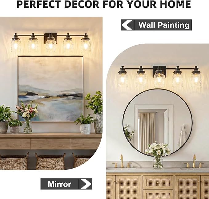 5 Lights Bathroom Light Fixtures Farmhouse Black Vanity Lights for Bathroom Lighting Fixtures Over Mirror with Hammered Glass Lampshade for Cabinet Mirror Bedroom Hallway
