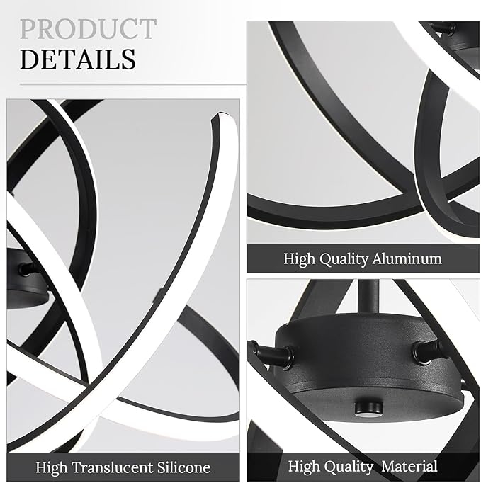 Black Modern Sputnik Chandelier with Remote Control, 44W 3-Color Temperature Dimmable LED Chandelier for Dining Room, Hanging Adjustable Pendant Light for Living Room Kitchen Foyer Entryway