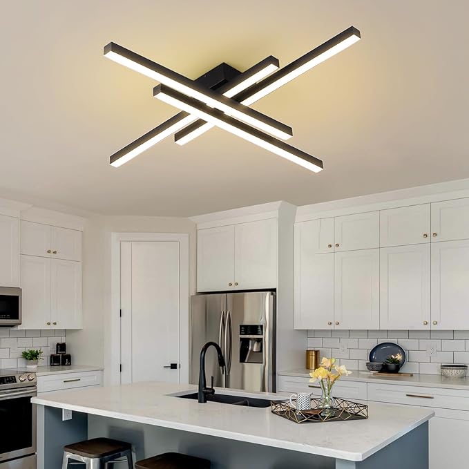 JAYMP 43.3" Modern Ceiling Light with Remote, Black Sputnik Ceiling Lamp, 64W Dimmable LED Lighting Fixture for Dining Room, Living Room, Kitchen Island, 4 Lights