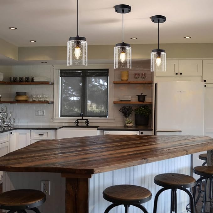 3 Pack Seeded Glass Pendant Light Black Pendant Lighting Modern Mini Hanging Lighting Adjustable Cord for Kitchen Island Dining Room Sink,4.7in