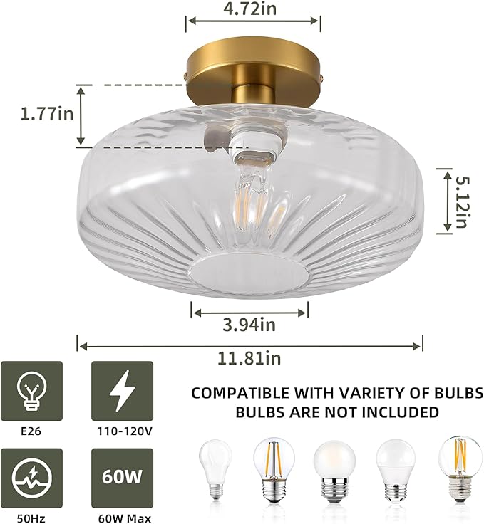 Semi Flush Mount Ceiling Light, 11.8 Inch Vintage Clear Crystal Glass Ceiling Light Fixture,Dining Room Lighting Fixtures for Kitchen, Hallway, Foyer, Bedroom, Bathroom, E26 Base (Bulb Not Included)