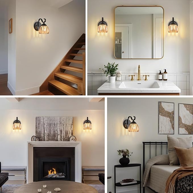 lobolighting Vintage Wall Sconce with Amber Tulip Glass Lampshade Set of Two Black Sconce Bathroom Vanity Light Fixtures Hardwired Modern Wall Lighting Fixture for Bedroom Bedside Door Header