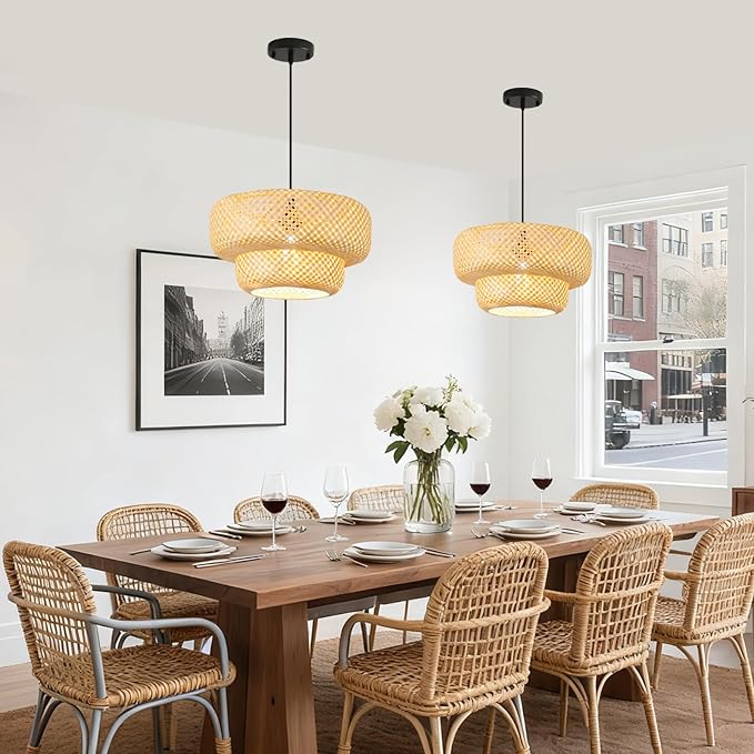 Farmhouse Bamboo Pendant Lights Hand-Woven Dining Room Light 13.78" Coastal Natural Wicker Pendant Light Rattan Hanging Lighting Fixture for Kitchen Island Living Room Bedroom Restaurant Foryer