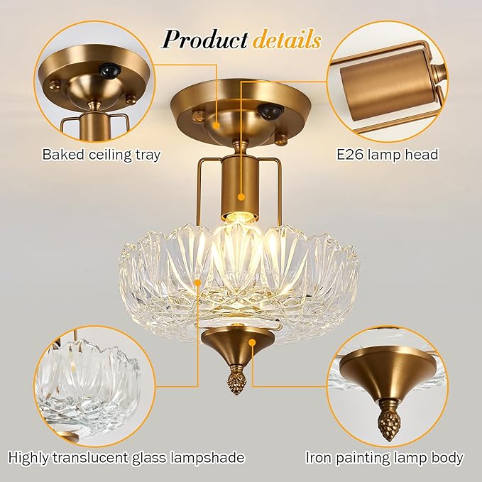 UOFUS Motion Sensor Semi Flush Mount Ceiling Light Gold Hallway Light Fixture with Clear Glass Indoor Small Chandelier for Hallway Entryway Porch Foyer Corridor