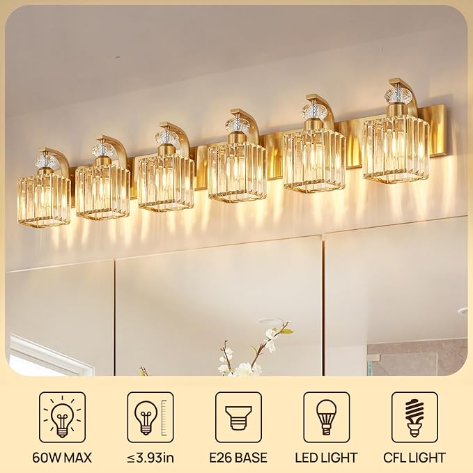 Modern Bathroom Vanity Light, 6-Light Gold Bathroom Lighting Fixtures Over Mirror, 44.1" Crystal Wall Light Sconce for Bathroom/Bedroom/Vanity, Includes LED Bulbs, Easy Installation