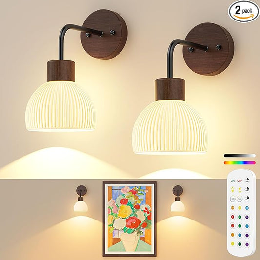 Glass Battery Operated Wall Sconces Set of 2, Rechargeable Wall Lamp with Remote, 12 Colors Dimmable Wireless Sconces Wall Decor Set of 2 with Timer for Bedroom Living Room (Walnut, 2 Pack)