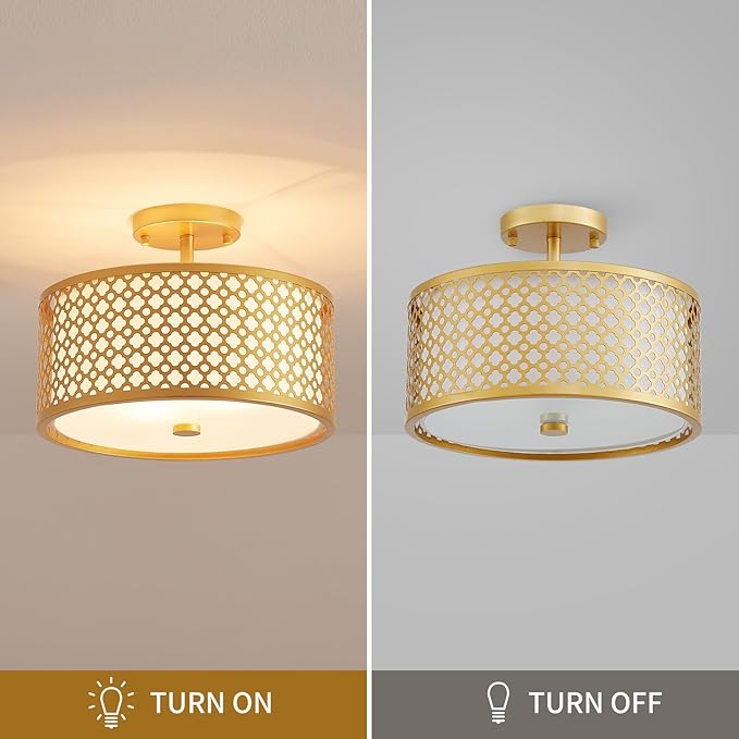 Farmhouse Drum Ceiling Light, 2-Light Mid-Century Modern Semi-Flushmount Light Fixture for Bedroom, Entryway, Kitchen, D13xH9inch, Gold Finish Patterned Lampshade & White Fabric Inner Shade