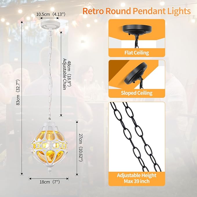 Globe Outdoor Pendant Lights,Vintage Exterior Hanging Pendant Light Fixtures with Adjustable Chain, Aluminum White Outdoor Chandelier for Porch, Gazebo, Entryway,No Sensor,General